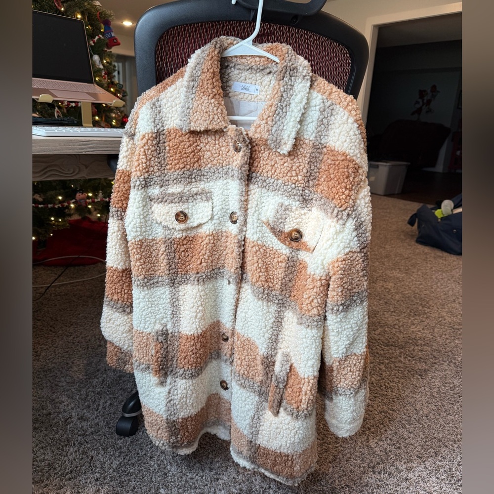 Talulah tan and cream plaid shaggy button down Shacket L
